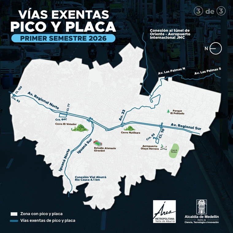 Mapa vías exentas Medellín y Valle de Aburrá